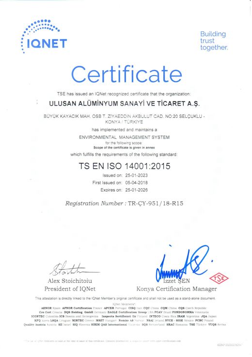 IQnet TS EN ISO 14001-2015 Environmental Management System Certificate