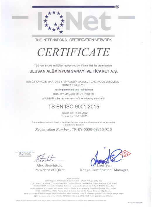 IQNet TS EN ISO 9001-2015 Quality Management System Certificate