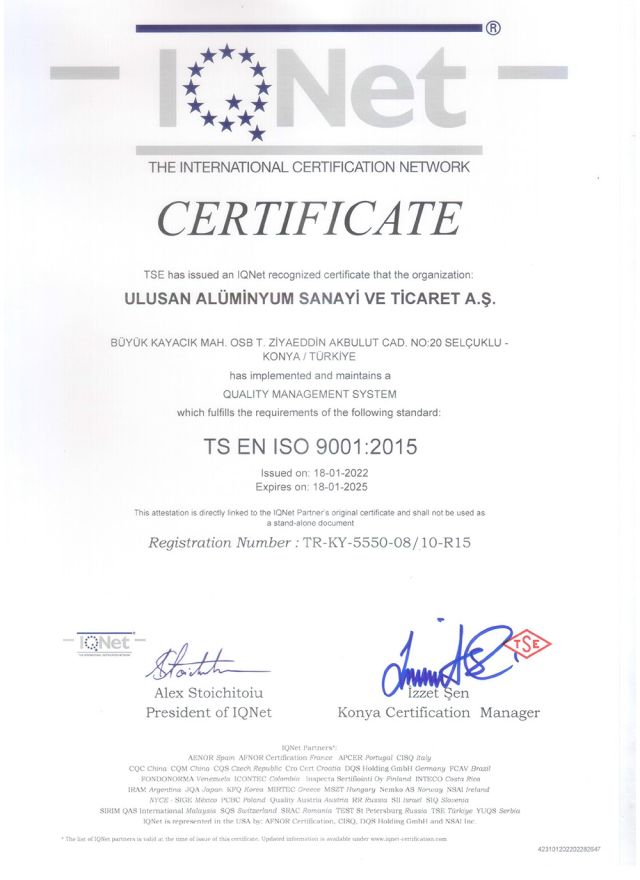 IQNet TS EN ISO 9001-2015 Quality Management System Certificate