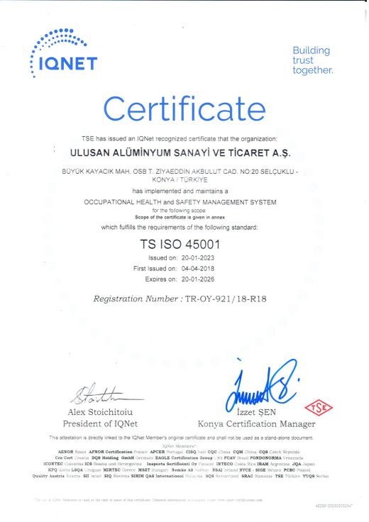 IQNet TS ISO 45001 Occupational Health and Safety Management System Certificate