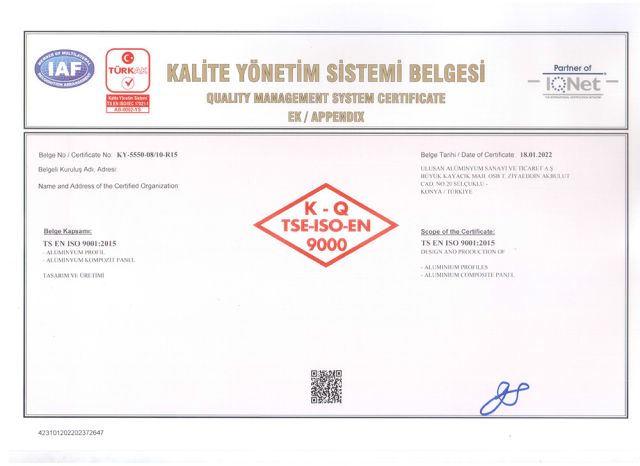 TSE ISO EN 9001-2015 Kalite Yönetim Sistemi Belgesi